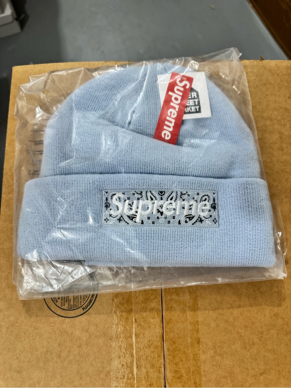Supreme Light Blue Beanie with Paisley Box Logo Patch